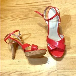 Coral leather open-toe heeled sandals
